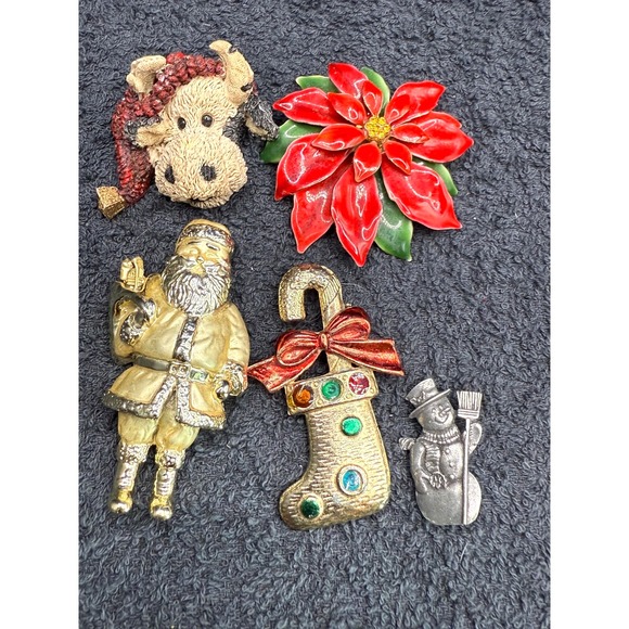 Estate Jewelry - Vintage Christmas Brooch Lot Santa Stocking Cow Snowman